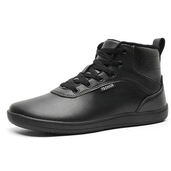 Meadow barefoot sneaker in black leather, single shoe side view with lace up front