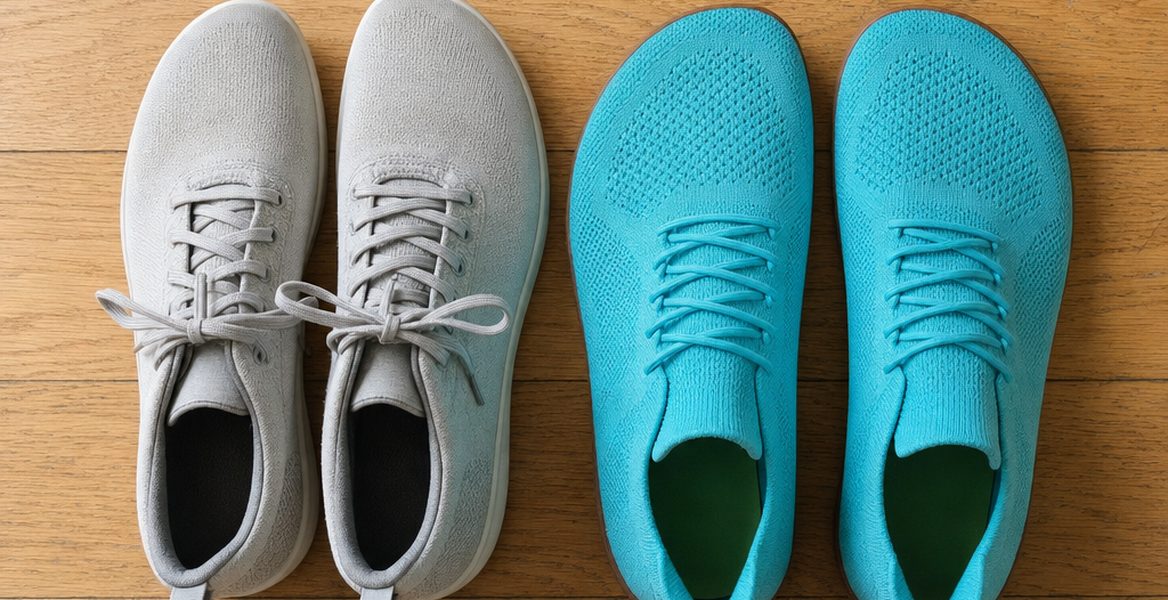 A wide ordinary sneaker next to the foot shaped Stride