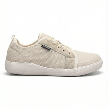 Breeze barefoot sneaker in cream mesh knit, side profile view of the ultra light upper