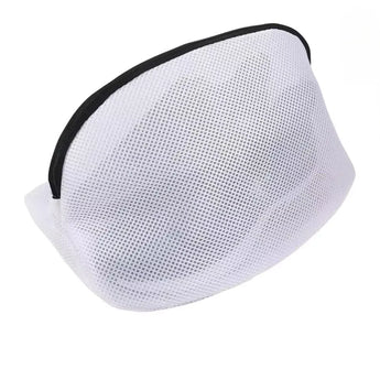 ShieldWash mesh shoe wash bag in white with a black zipper for machine washing shoes