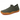 Ease barefoot slip on shoe in olive green, three quarter view with gum sole
