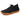 Ease barefoot slip on shoe in black, three quarter view with gum sole and red lining