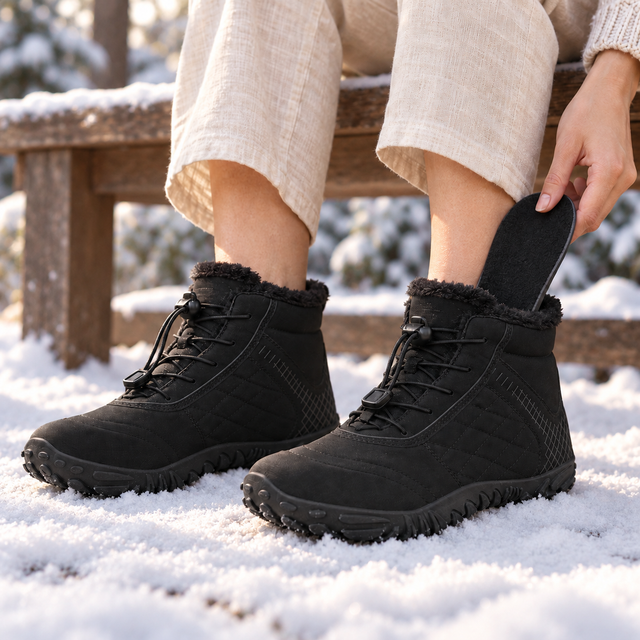 Lifting the thermal insole out of one FrostSpire boot on a frosty bench