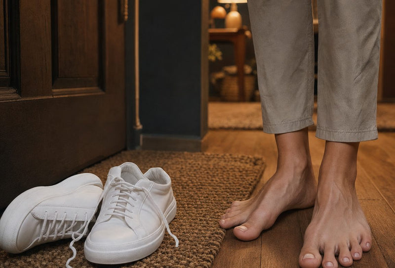 Shoes kicked off by the door in the evening
