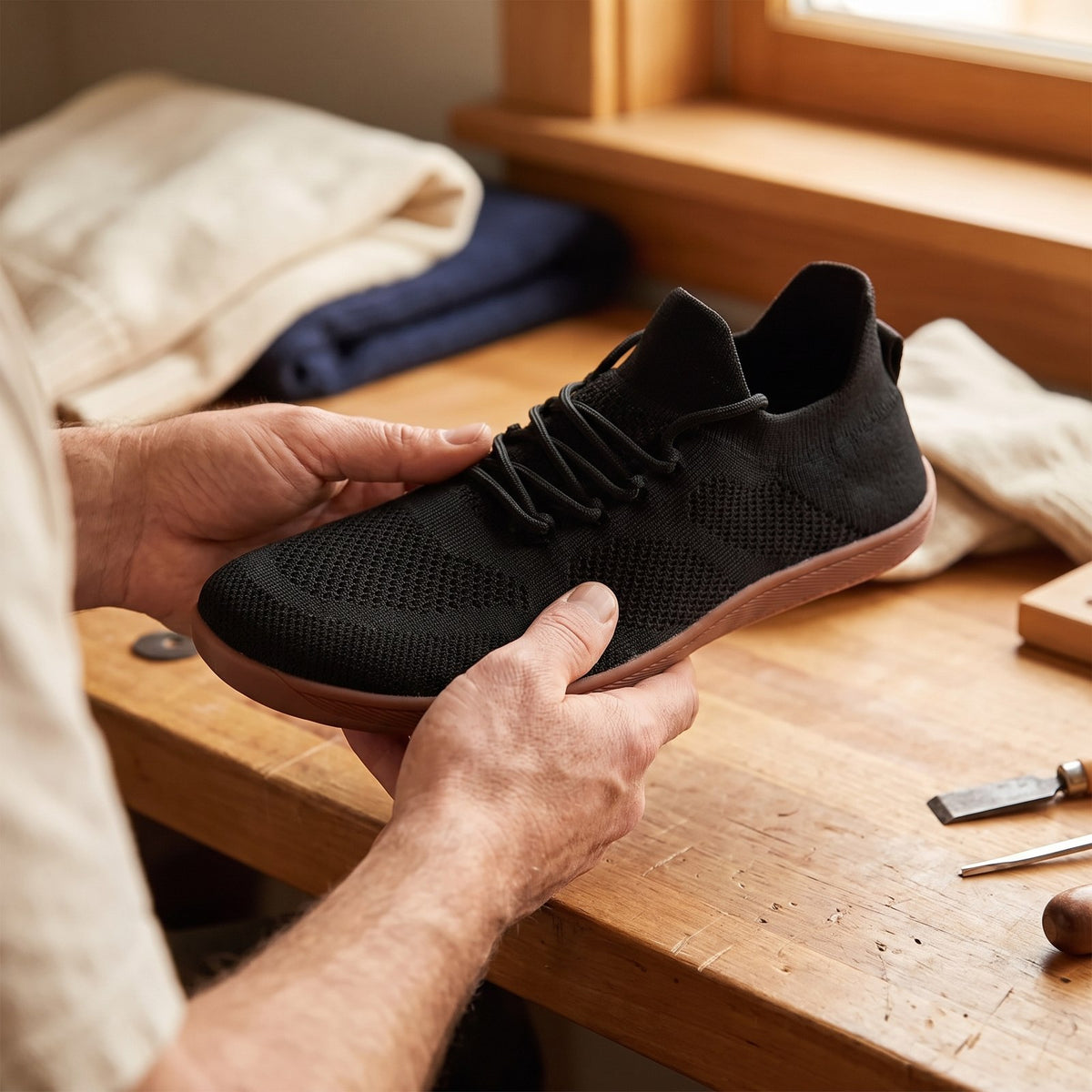 Hands holding an OnBarefoot knit sneaker showing its wide foot shaped toe box