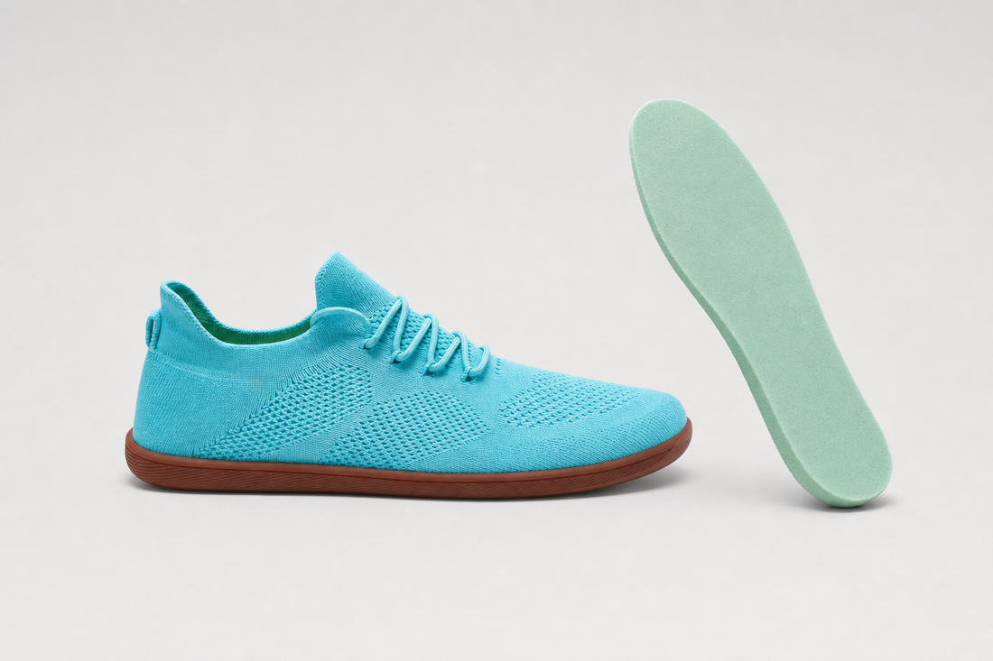 Stride barefoot sneaker beside its soft insole lifted out